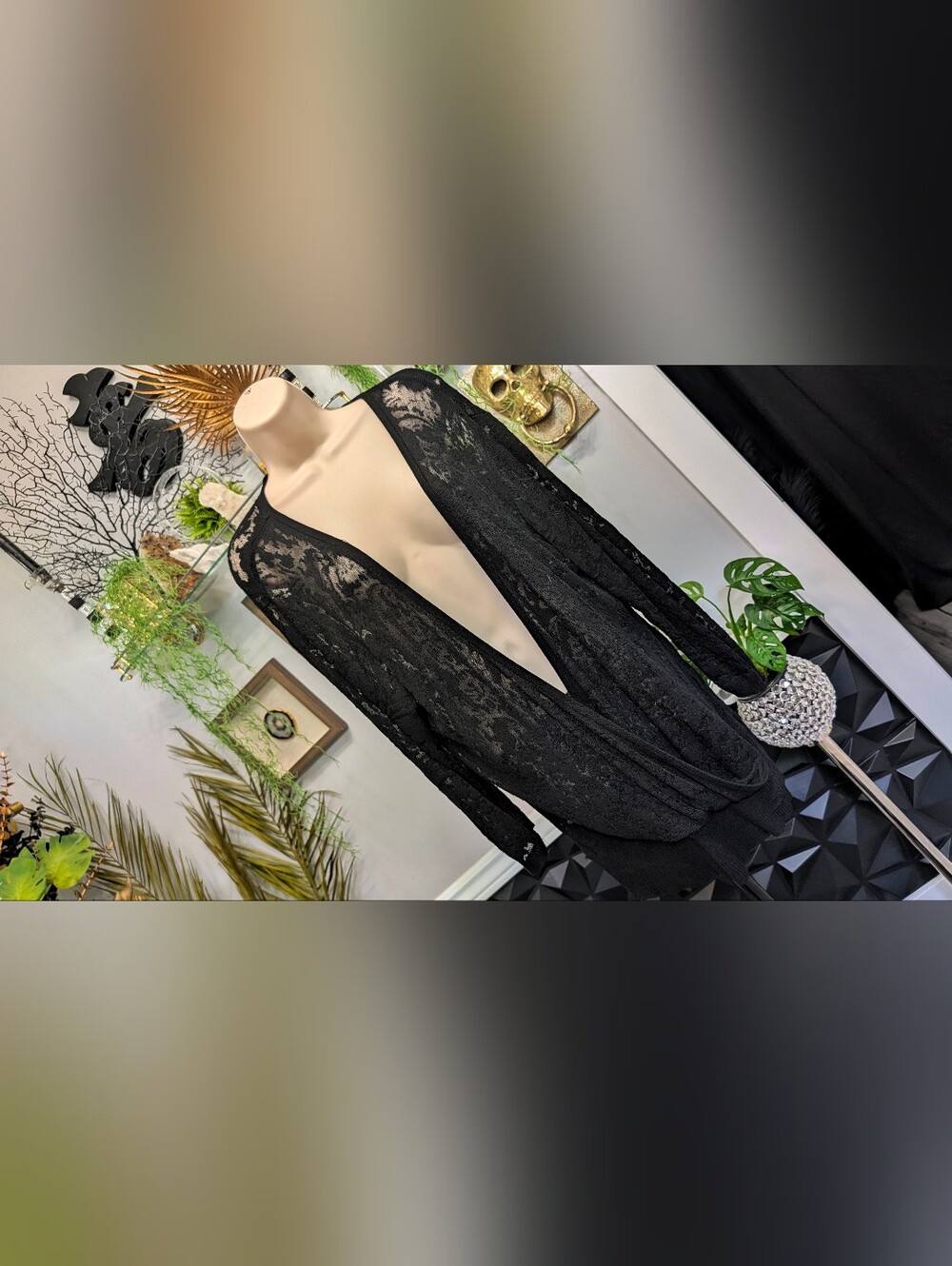 Black Lace Draped Surplice Ribbed Long Blouse Top 2X